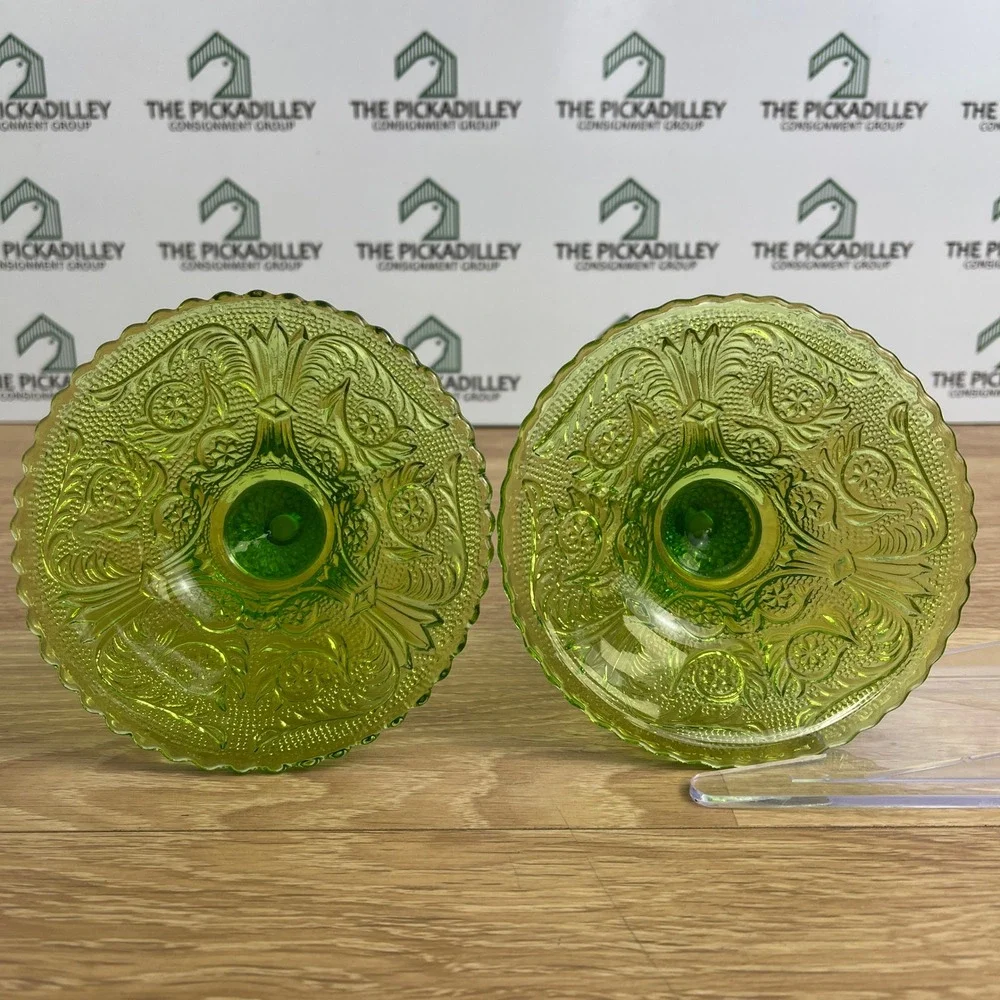 Tiara Sandwich Green Glass Candlestick Holders Set of 2 Vintage Scalloped Base